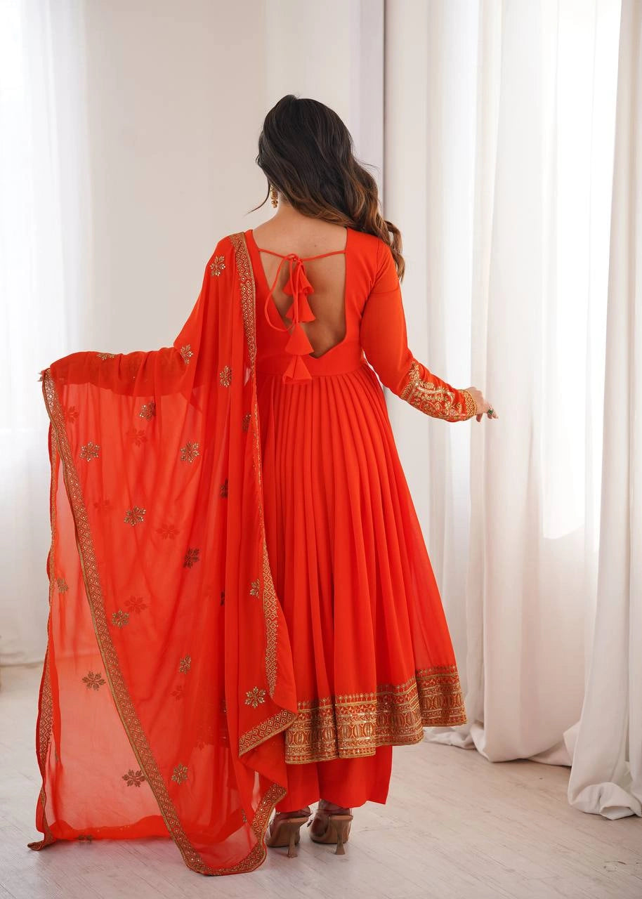 Orange Sequins Embroidered Suit – Anarkali Pant Set with Dupatta Kalyanja